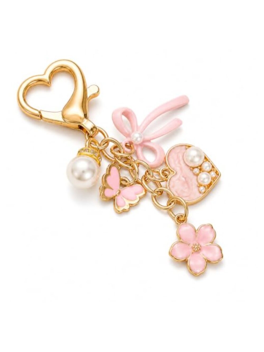 Metal Bag Charm Keychain Heart Lobster Clasp Faux Pearl Bow Butterfly
